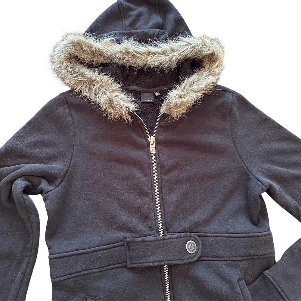 Hurley Longline Sherpa Lined Hoodie Jacket Women Large Black Excellent Faux Fur - Picture 2 of 6